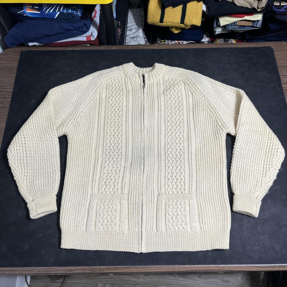 Lakeland Sweater Mens XL White Wool Full Zip Mock Neck Cable Knit Pockets